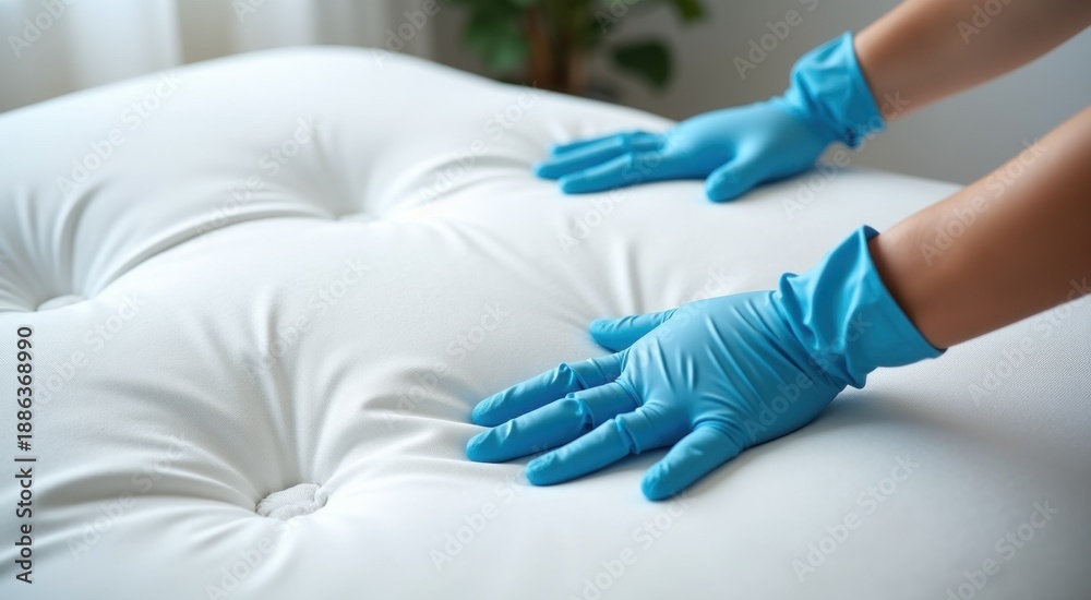 Obraz premium Someone in blue gloves is cleaning a mattress with a blue glove