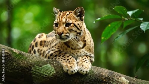 Ocelot on tree branch.