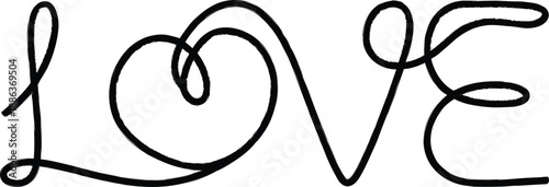 Handwritten cursive love word with heart symbol in black color on transparent background