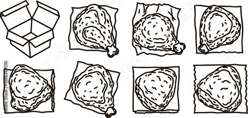 Hand drawn fried chicken pieces and open cardboard box illustrations on white background