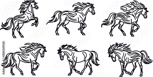 Set of six black and white horses running freely outdoors in different poses and movements  horses have long manes and tails