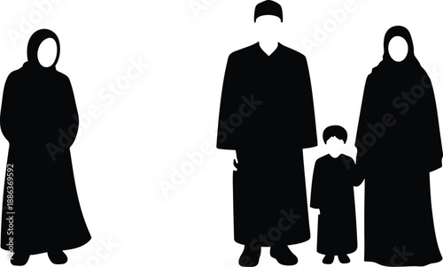 Silhouette of a muslim family with woman man and child standing together  family concept
