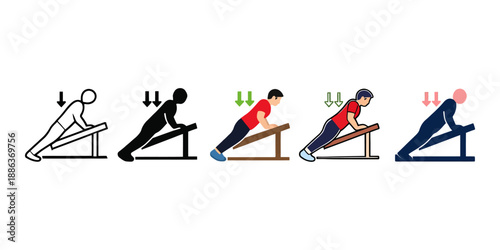 Incline push-up exercise icon set featuring correct and incorrect form variations for fitness guides and workout applications