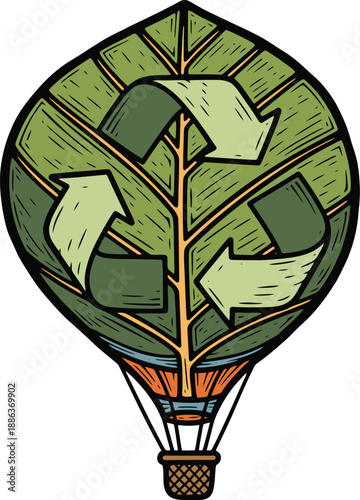 Linocut Style Leaf Shaped Hot Air Balloon With Recycling Arrows Whimsical Global Recycling Day Vector Illustration