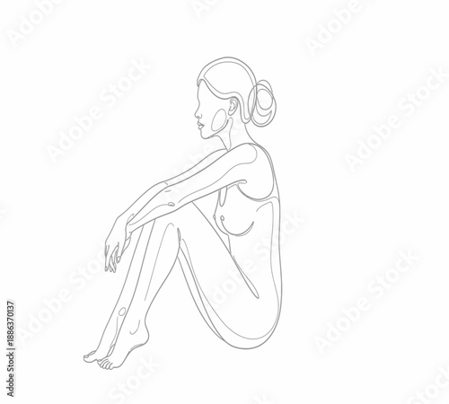 A delicate line drawing depicts a seated woman in a thoughtful introspective pose