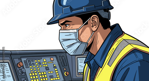 A diligent male factory worker wearing a protective face mask and hard hat intently monitors complex machinery in a modern industrial control room environment.
