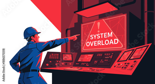 A dedicated worker in a safety helmet points towards a red "SYSTEM OVERLOAD" alert on a monitor, signifying an urgent technical crisis in an industrial setting.