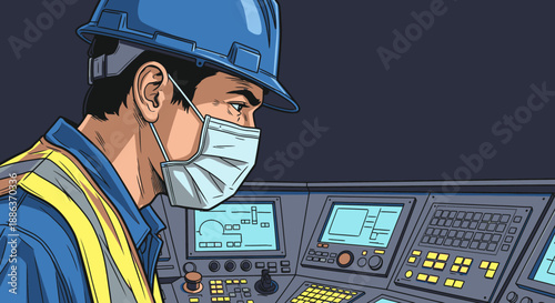 A vigilant male industrial operator, donned in a hard hat and protective mask, meticulously oversees complex control panels, ensuring safe and efficient operations.
