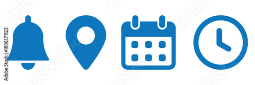 Location, time, calendar and notification bell icons set. Flat vector illustrations stock illustration