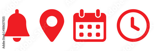 Location, time, calendar and notification bell icons set. Flat vector illustrations stock illustration