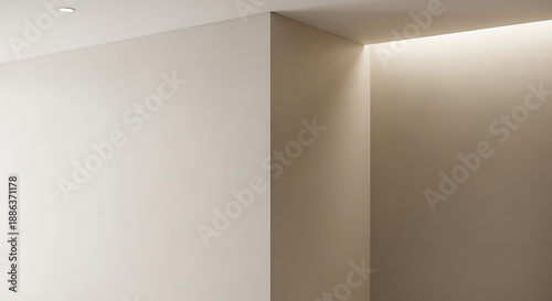 Clean Beige Stucco Wall Corner Background. New Build Architectural Interior Design. Smooth Cream Plaster Surface