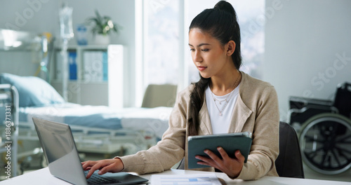 Canvas Print Administration, laptop and tablet with woman in hospital for medical files, doctor letter and research