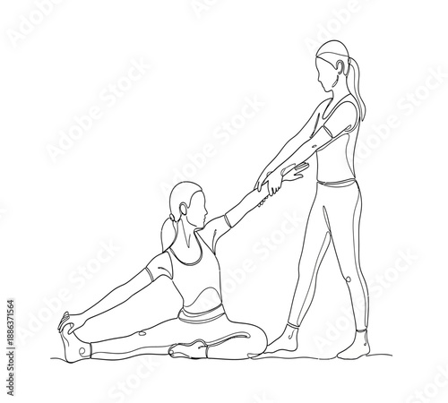 A minimalist line drawing depicts a woman assisting another with a seated hamstring stretch