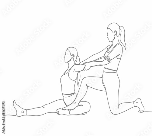 Two women performing a partner stretching exercise depicted in a minimalist line art style