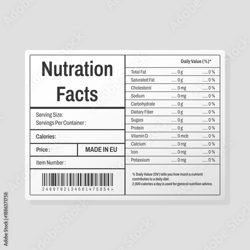 Nutrition Facts Food Label Template Made in EU, Black and White Packaging Design