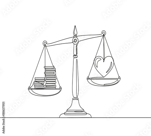 A delicate balance between wealth and love depicted with a simple line drawing style