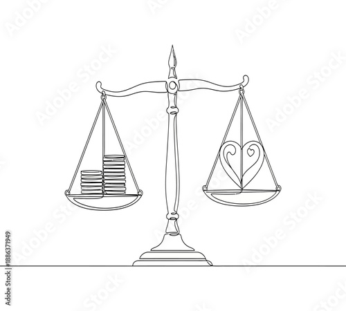 A sketch depicting a balance scale with coins on one side and a heart on the other