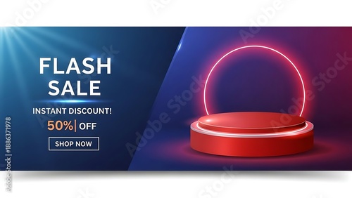 Wallpaper Mural Flash sale banner with a 50% instant discount and a modern product display podium Torontodigital.ca