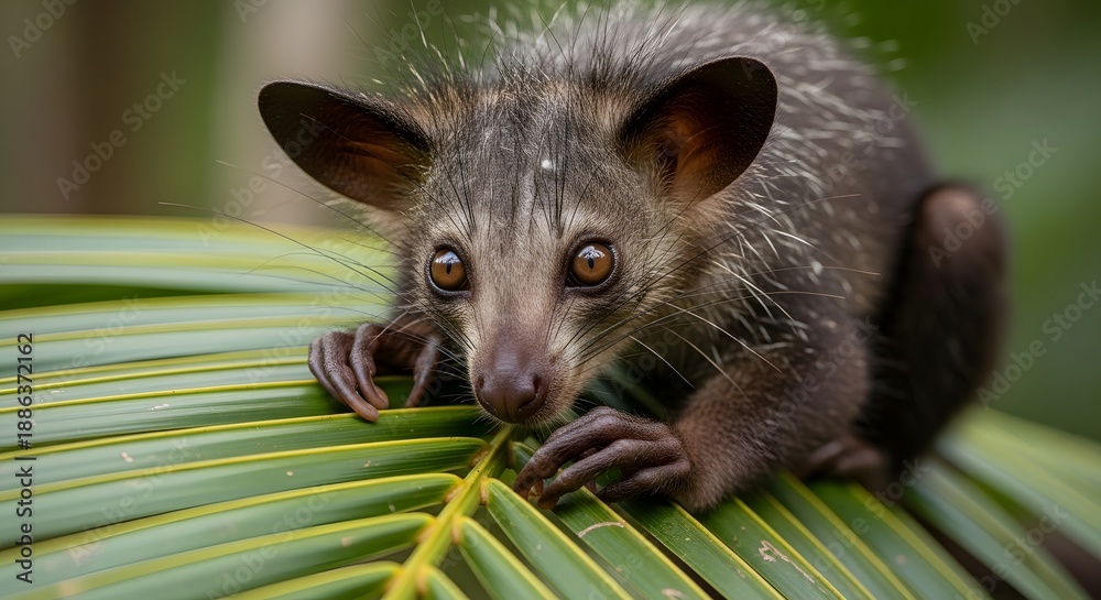 Obraz premium Ultra realistic aye-aye (Daubentonia madagascariensis) on palm frond in Masoala Peninsula Madagascar Africa, rare nocturnal primate portrait with sharp fur and eye detail in HDR 8k