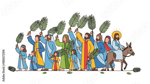 Jesus Christ Riding Donkey with Palm Branches.