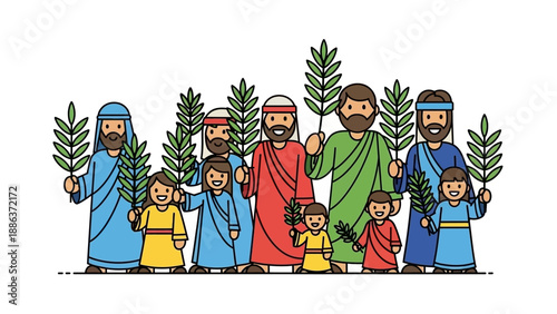 Group of People Holding Palm Branches Illustration.