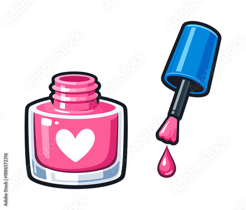 Graphic style nail polish set featuring an open bottle with a heart icon and a brush with a dripping drop for beauty and manicure designs