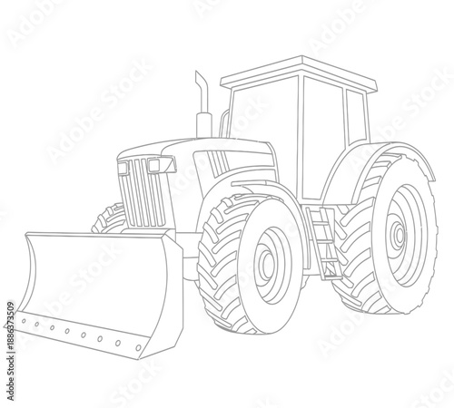 Detailed line drawing of a large agricultural tractor with a front end loader attachment