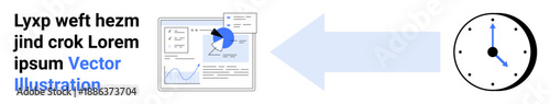 Time management, workflow optimization, data analysis, project planning, productivity tools, scheduling. Graph interface and clock symbol connected by an arrow. Time management and workflow