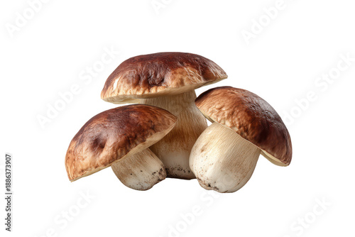 Three brown capped porcini mushrooms with white stems on black background boletus edible