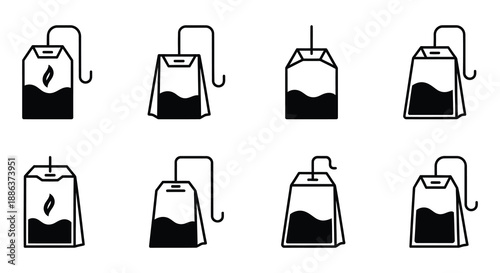 A collection of black and white tea bag illustrations in various stages