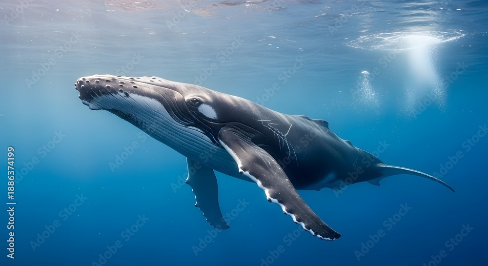 Fototapeta premium Ultra realistic humpback whale gliding gracefully in deep ocean waters, cinematic underwater scene with sun rays and detailed skin texture, peaceful marine wildlife photography in HDR 8k quality