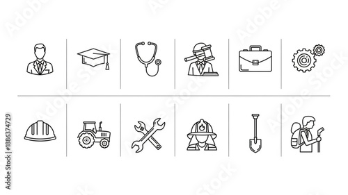 Collection of Hand Drawn Icons Representing Various Professions and Tools.