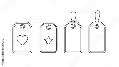 Set of four clean outline vector graphic retail price tags featuring icons like a heart and a star alongside plain hanging loops for branding designs