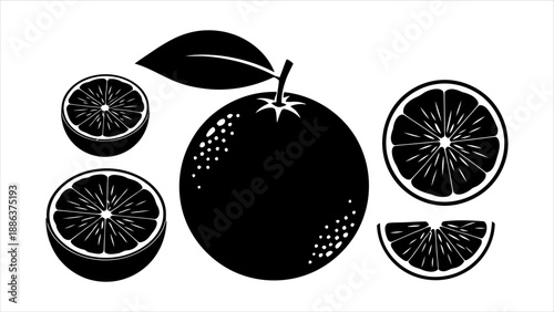 Graphic collection of fresh citrus oranges, whole and segmented, in a bold black and white silhouette style