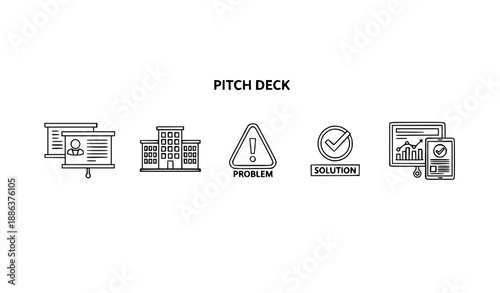 Pitch deck web banner vector illustration with startup business outline icons on white