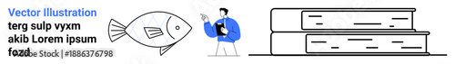 Education, creativity, inspiration, learning, artistic design, literature. Man holding a notebook near a sketched fish and a stack of books. Education and creativity