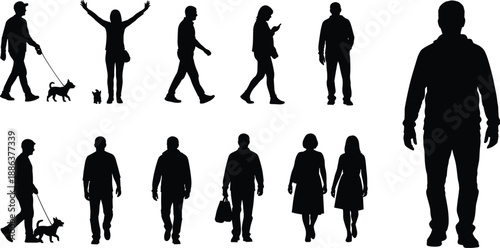 Black silhouettes of people walking with dogs standing and gesturing isolated on white background set of diverse men and women vector illustration collection