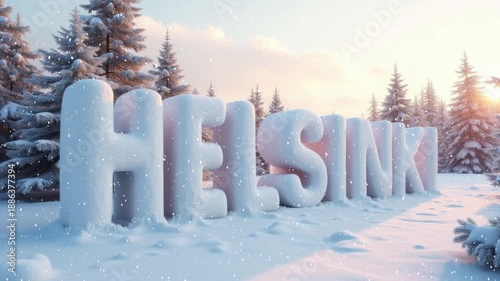 Helsinki letters carved from ice and snow winter background