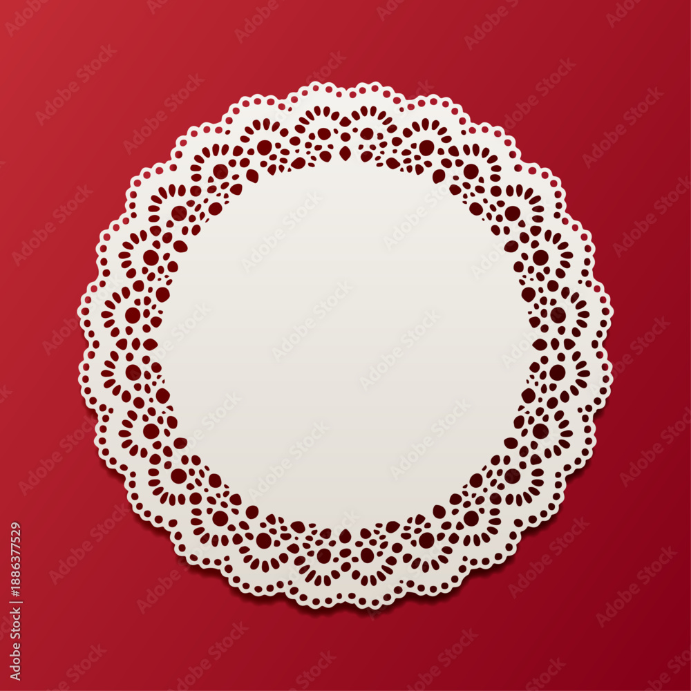 Naklejka premium Round white lace paper doily frame isolated on deep red background 