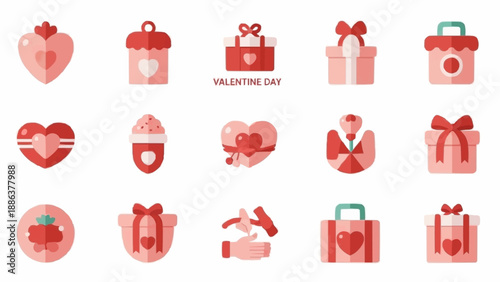 Valentine Day Gift Boxes and Hearts Icons Collection.