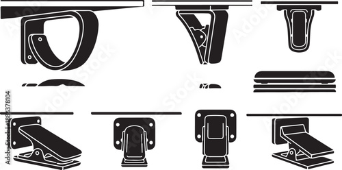 Various metal bracket designs and hardware components illustrated