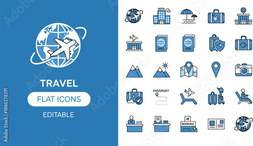 Travel flat icon set in editable blue style, tourism symbols for airplane, hotel, passport, luggage, beach, map pin, booking, camera, airport, and vacation trip