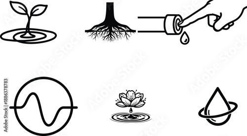 Water drop and plant growth icons with ripples and roots