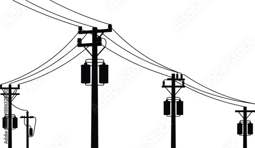 Electric power lines, utility poles, electrical transformers, overhead wires, energy distribution, infrastructure, urban electricity network, transmission cables, electrical poles, utility 