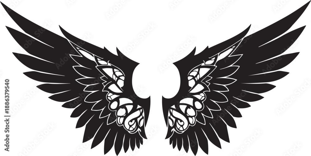 Obraz premium Black silhouette of a pair of angel wings with intricate patterns