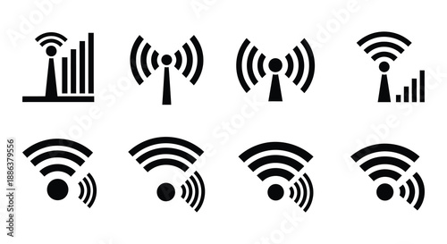 A collection of various black and white wifi signal strength icons displayed