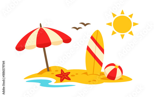Cartoon style summer beach items set featuring a parasol, surfboard, beach ball, and starfish for tropical holidays