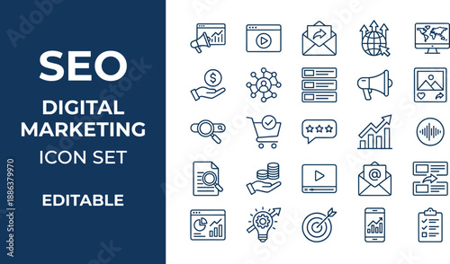 SEO digital marketing icon set in editable outline style, modern web and app symbols for analytics, email, advertising, growth strategy, social media, UI design pack