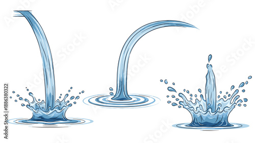 Set of three blue water illustrations showing a steady pour into a pool, a gentle splash, and a high central water crown on white.
