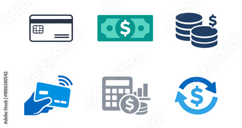 Modern flat finance icon set featuring credit cards, banknotes, coins, and money exchange for business and banking services